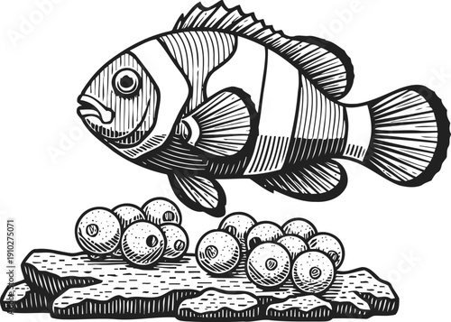 Clownfish and reef eggs illustration tropical marine fish alongside cluster of eggs on coral rock