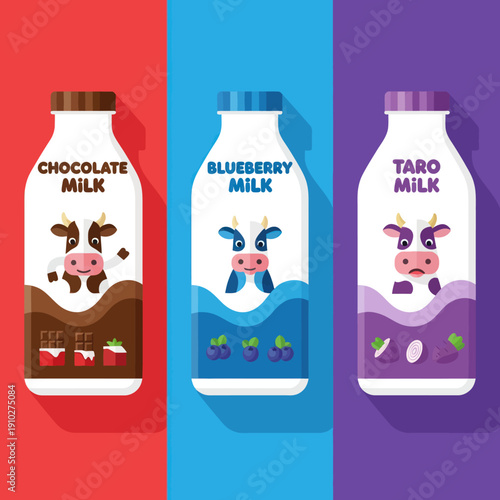 Three Bottles of Flavored Milk Illustration.