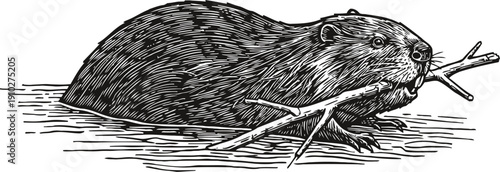 Illustration of a beaver carrying a branch while walking in water, detailed animal wildlife drawing