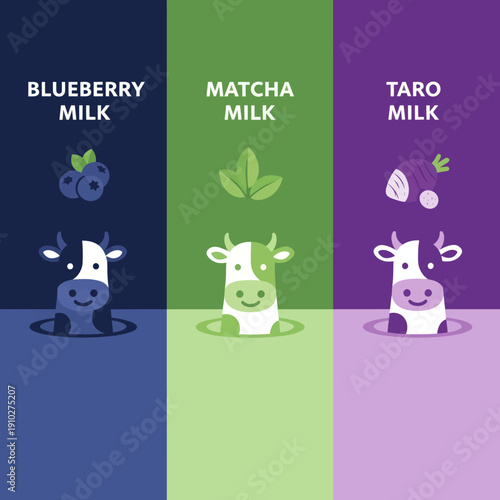 Cows Representing Different Flavored Milks.