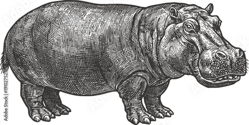 Detailed black and white illustration of a hippopotamus standing side view with textured skin and folds