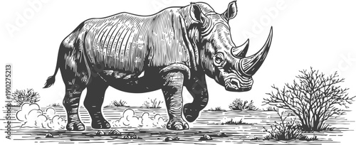 hand drawn rhinoceros walking on savannah with bushes and dust cloud in detailed vintage