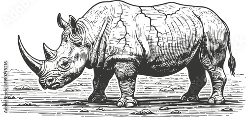 Detailed vintage illustration of a rhinoceros standing on rocky ground with textured skin and horns
