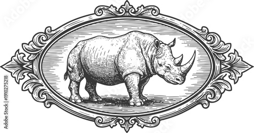 Vintage detailed engraving of a rhinoceros in ornate oval frame with floral decorative elements
