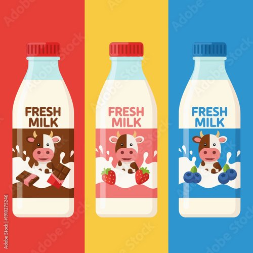 Three Bottles of Fresh Milk with Cow Labels.