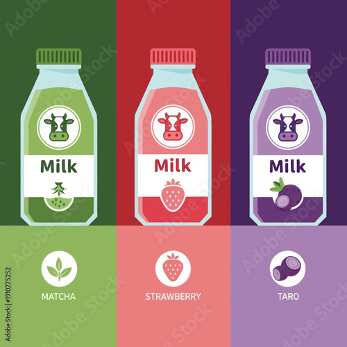 Bottles of Milk with Different Flavors.