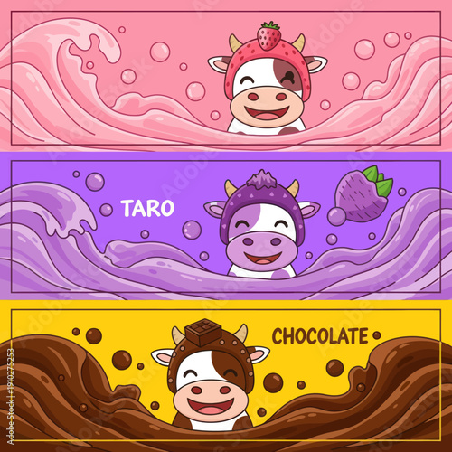 Cartoon Cow Faces in Milk Wave.