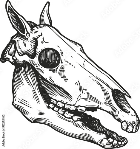 Detailed hand drawn horse skull illustration with visible teeth and hollow eye socket