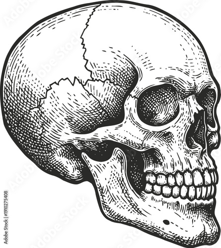 Detailed human skull illustration with cracks and shading anatomy vintage drawing