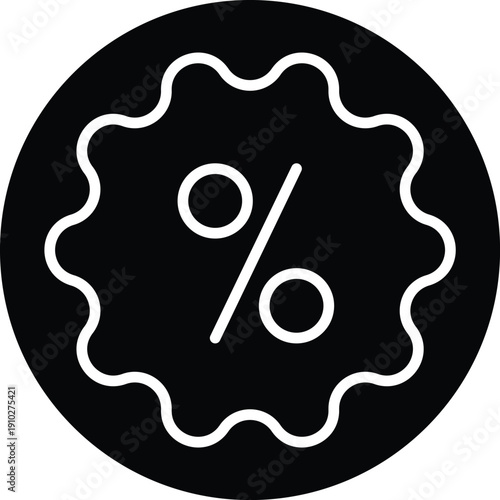 Discount Badge icon white line art on black circle background vector