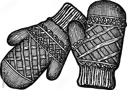 Knitted winter mittens with decorative patterns, handwear for cold weather and cozy warmth