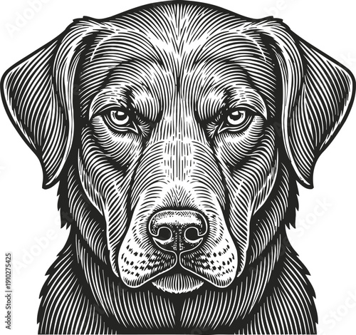 detailed black and white illustration of a serious dog face with intense eyes and textured fur