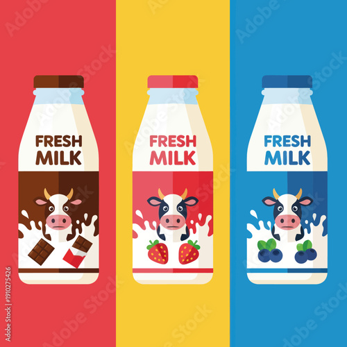 Three Bottles of Fresh Milk with Cow.