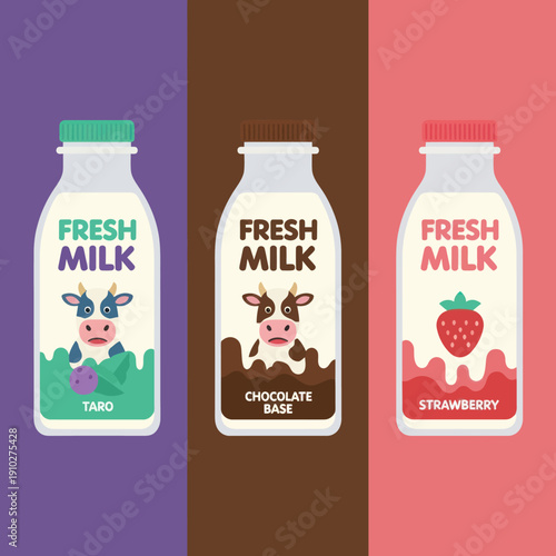Cartoon Milk Bottles with Cow and Strawberry.