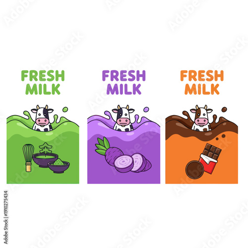 Cartoon Cow Emerging from Milk with Ingredients.