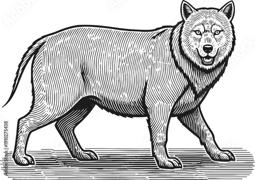 Wolf standing in profile with detailed fur texture, wild animal, nature illustration