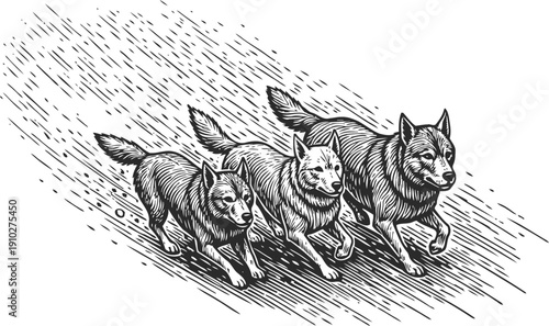 Three wolves running together in rainstorm sketch black and white drawing