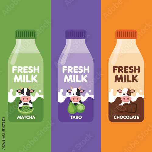 Three Bottles of Fresh Milk Varieties.