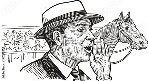 Vintage horse race announcer shouting at the racecourse with spectators and horse in the background