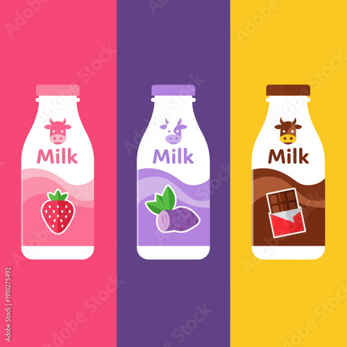 Three Milk Bottles with Different Flavors.