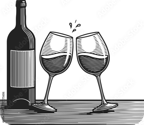Vintage engraving of wine bottle and two clinking glasses with red wine celebration toast