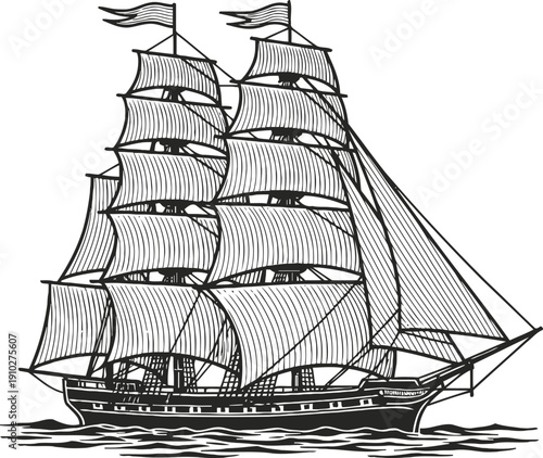 Classic sailing ship with multiple sails and flags on ocean waves, vintage maritime illustration