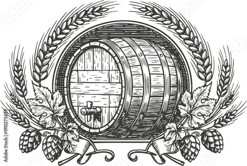 Vintage wooden beer barrel with hop cones, wheat ears, and vine leaves engraved illustration