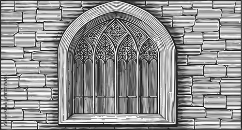 Gothic arched window with decorative tracery set in detailed stone wall illustration