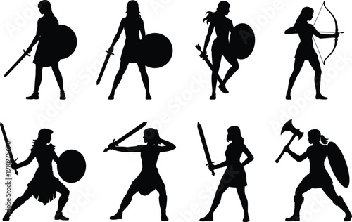 Vector, black, silhouette, set, of, female, warriors, valkyries, and, amazon, fighters, with, swords, shields, bows, and, axes, for, fantasy, and, gaming, design, elements