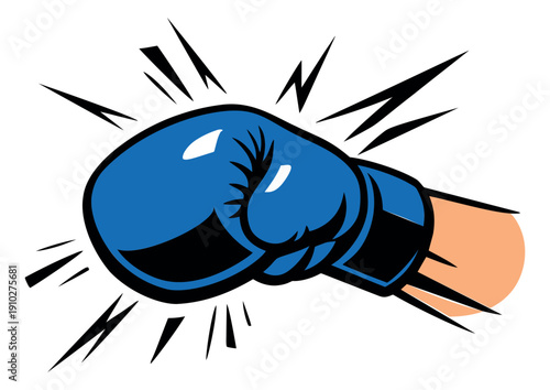 Cartoon style illustration of a boxing glove depicting a punch with impact for sports