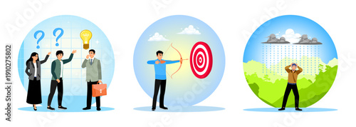 Business teams solve problems, challenges to achieve success, tries to avoid crisis or bankruptcy.