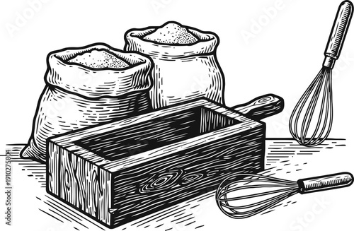 Vintage baking tools illustration with flour sacks, wooden mold, and whisks