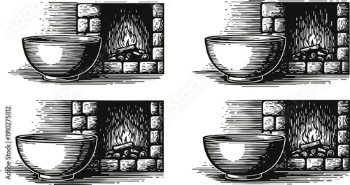 vintage cups with saucers in front of cozy burning fireplace retro illustration of warm relaxing home atmosphere
