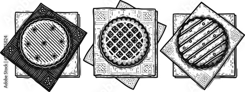Hand drawn cookies assortment with different patterns on paper napkins, vintage sketch illustration