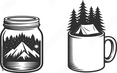 Mountain landscape in mason jar, camping tent in coffee mug, outdoor adventure wilderness nature vector