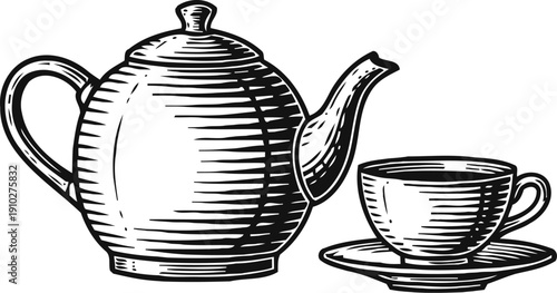 Classic teapot and teacup set vintage black and white illustration of tea serving set with saucer and curved handle