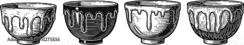 vintage ceramic bowls set with drip glaze decoration hand drawn kitchenware collection in black and white
