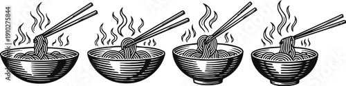 four steaming noodle bowls with chopsticks lifting noodles, black and white vintage illustration