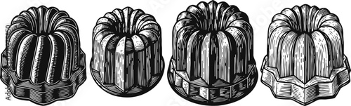 Four vintage bundt cake illustrations detailed engraved baked dessert collection retro bakery pastries sketch set