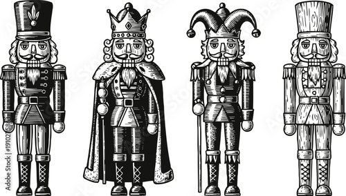 Vintage black and white nutcracker figures set king, soldier, jester, and wooden toy models isolated
