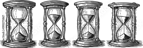 set of vintage hourglasses with flowing sand time measurement, classic wooden frame, antique timer illustrations