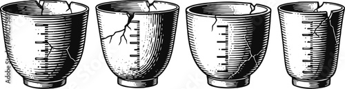 Vintage cracked measuring cups set hand drawn kitchen utensils with scale markings antique cooking tools illustration