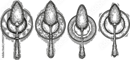 Vintage cake server spoons set hand drawn dessert utensils with detailed engravings, classic kitchen tableware collection