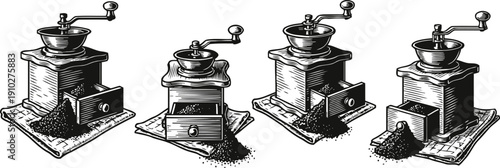 Vintage manual coffee grinders with ground coffee spilling from open drawers, black and white illustrations set