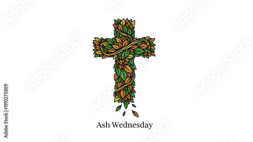High-quality black outline colorful art of a cross transforming into leaves, symbolizing renewal and spiritual growth, Ash Wednesday Christian Lent illustration
