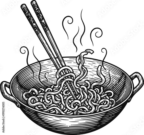 Illustration of steaming hot noodles in a bowl with chopsticks, hand drawn sketch