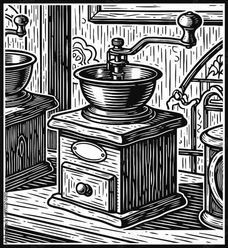 Vintage manual coffee grinder with handle and drawer in rustic kitchen interior