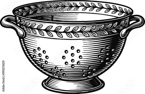 Vintage colander illustration with handle and decorative leaf pattern, kitchen utensil for draining food