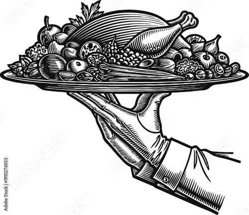 Waiter's hand holding platter with roasted turkey and assorted fruits and vegetables vintage engraving