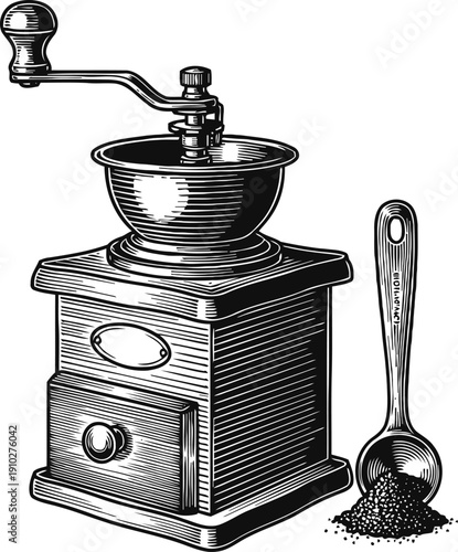 Vintage manual coffee grinder with wooden handle and ground coffee spoon